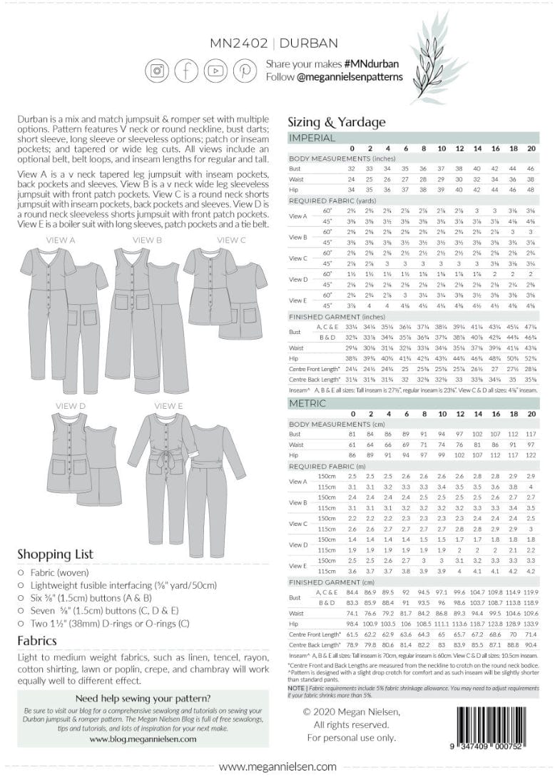 Durban Jumpsuit & Romper Pattern by Megan Nielsen  -