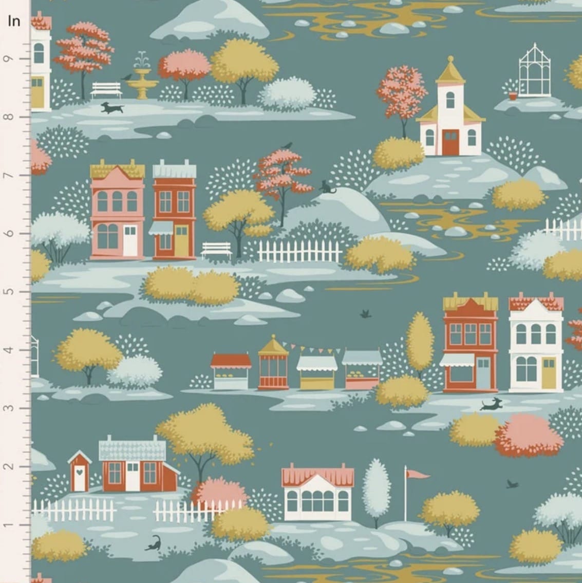 Tilda Village Life ~ Village Teal  -  Teal Fabric