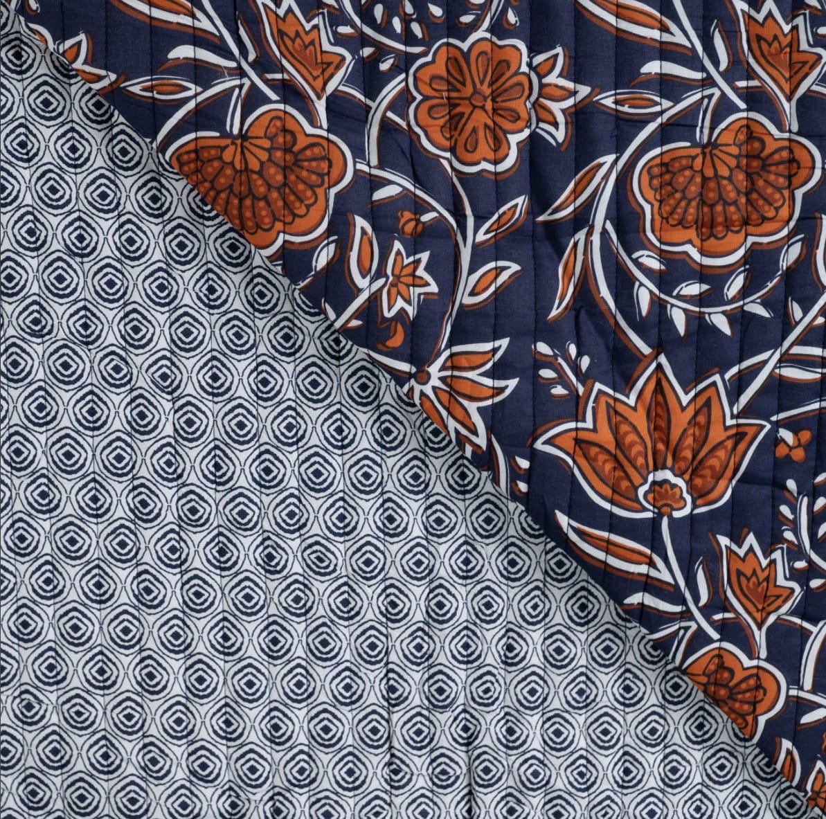 Delphi/ Symi Quilted Cotton  -  Navy/Cognac