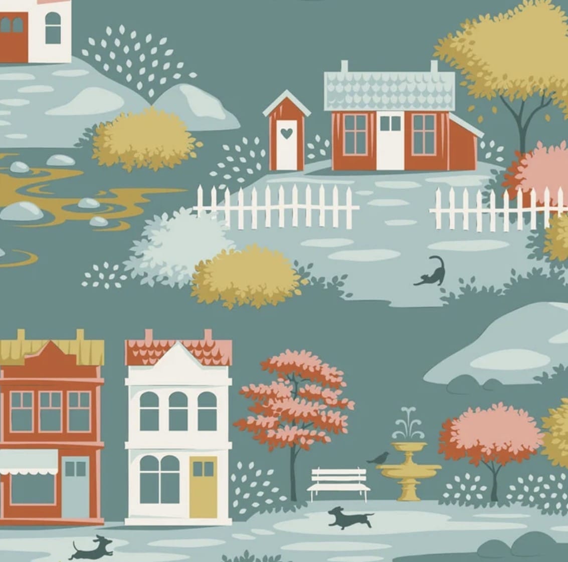 Tilda Village Life ~ Village Teal  -  Teal Fabric