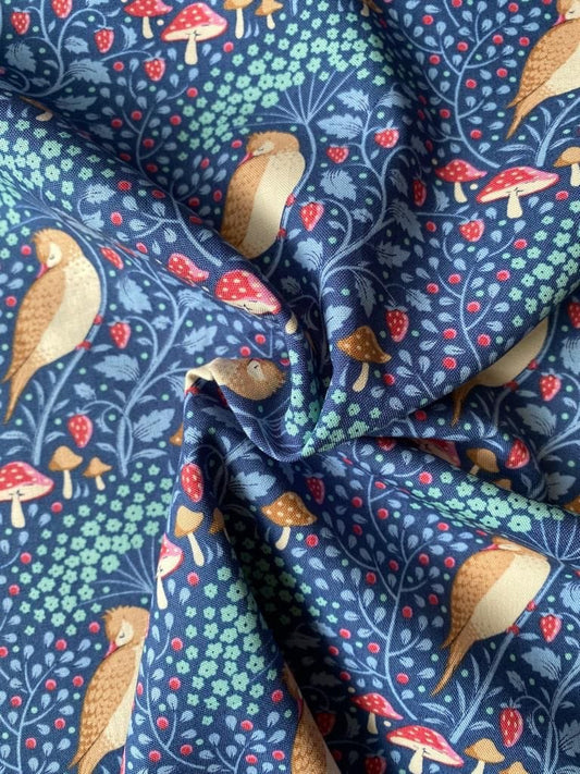 Sleepy Bird  -  Denim Fabric